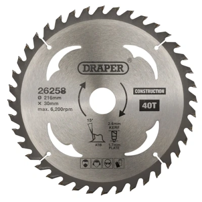 Image of Draper TCT Construction Circular Saw Blade, 216 x 30mm, 40T