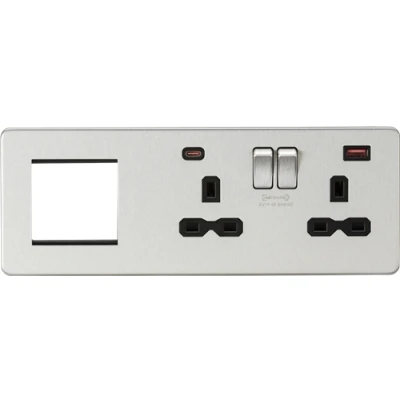Image of KnightsBridge Screwless 13A 2G DP Socket with USB Fastcharge + Modular Combination Plate, Brushed Chrome