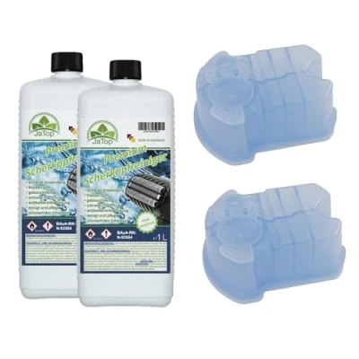 Image of JaTop shaving head cleaner refill liquid + 2 cartridges (empty) [1 litre per bottle] suitable for refilling Braun Clean &amp; Renew Synchro Activator Pulsonic Series Made in Germany