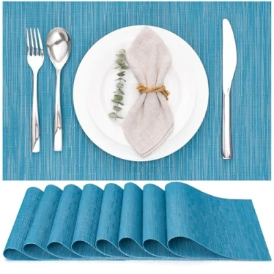 Image of Myir JUN Table Mats Set of 8, Place Placemats Washable Non slip Heat Insulation Woven Vinyl for Kitchen Dinning Restaurant 18&quot;X12&quot; (Blue)