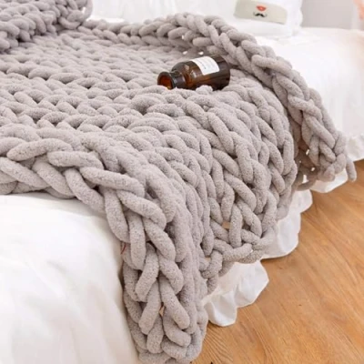 Image of Chunky Knit Blanket, Handmade Bulky Knitted Yarn Super Large Throw, Bedroom Decoration Bed Chair Sofa Pet Mat Yoga Rug Woven Blanket(Gray,100 * 200 CM)