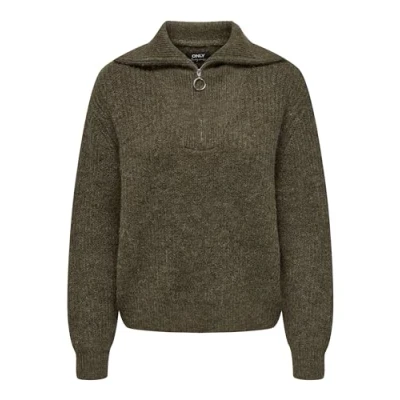 Image of ONLY Women&#039;s Onlbaker L/S Zip Knt Pullover Sweater, Cocoa Brown/Detail: Melange, M UK