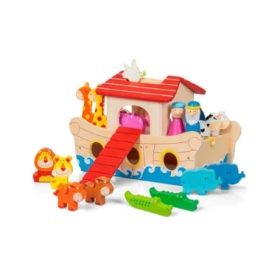 Image of Tobar Wooden Noah&#039;s Ark Playset with 17 Painted Figures