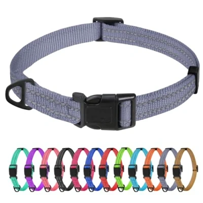 Image of TagMe Reflective Nylon Dog Collars, Adjustable Classic Collar with Quick Release Buckle for Small Dogs, Grey, 1.5 cm Width