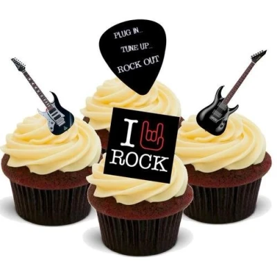 Image of I Love Rock Guitar Mix 12 Edible Stand Up Premium Wafer Card Cake Toppers Decorations
