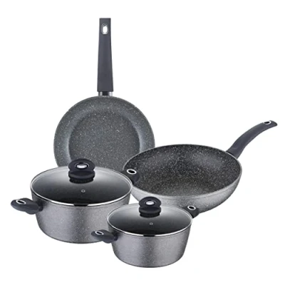 Image of Bergner Orion 6 Piece Non Stick Pots and Pans Set Induction Hob Aluminium Cookware Includes 24cm Frying Pan, 28cm Wok, 20cm Casseroles with 2 Glass Lids Heat Resistant Handles
