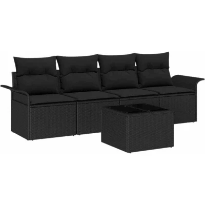 Image of vidaXL 5 Piece Garden Sofa Set with Cushions Black Poly Rattan