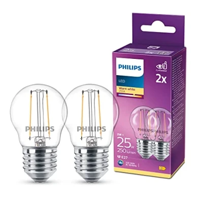 Image of Philips LED Premium Classic P45 Clear Light Bulb 2 Pack [E27 Edison Screw] 25W, Warm White 2700K, Non Dimmable