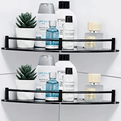 Image of Halyuhn Corner Shower Shelves, 9.5in Tempered Glass Bathroom Shelf for Wall Mounted, 2 Tier Organizers and Storage, Shelf, Black