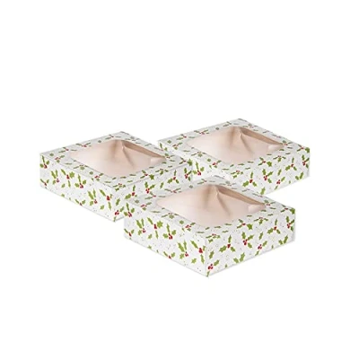 Image of Anniversary House 3 pack Small Christmas Cake Box, Holly Print, Cookie and Brownie Boxes, 3.8 x 11.4 CM, J114