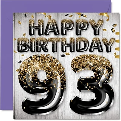 Image of 93rd Birthday Card for Men Black &amp; Gold Glitter Balloons Happy Cards 93 Year Old Man Dad Great Grandad Grandpa Gran, 145mm x Ninety Three Third Greeting Gift