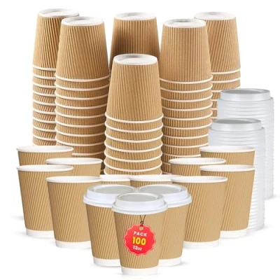 Image of Chef Royale 100 x 12oz Disposable Coffee Cups with Lids Takeaway Paper for Hot &amp; Cold Drinks Kraft Triple Walled Ripple Recyclable (with Lids)