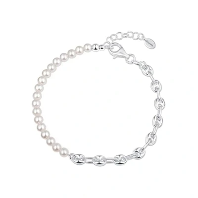 Image of Amberta Italian 925 Sterling Silver Pearl Bracelet for Women Simulated Half Chain Bracelet, Dainty Stackable Wedding Bridesmaids Gifts Link Adjustable Size: Coffee Bean