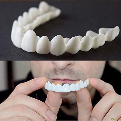 Image of 2 Pairs False Tooth Upper &amp; Lower Fake Teeth Perfect Veneers Smile Snap in Braces Dentures for Men and Women Cosmetic Instant Whitening with Box