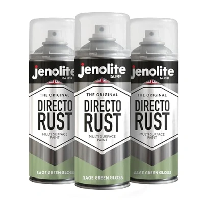Image of JENOLITE Directorust Gloss Spray Paint SAGE GREEN 3 x 400ml Direct To Rust For Metal Multi Surface Wood, Metal, Plastic, Ceramic RAL 7494C