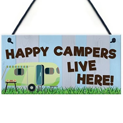 Image of RED OCEAN Funny Happy Campers Live Here Hanging Sign Caravan Camping Holiday Plaque Gift