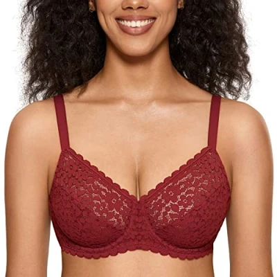 Image of DOBREVA Women&#039;s Unlined Lace Minimizer Bra Plus Size Underwire Full Coverage Chinese Red 32F