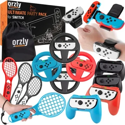 Image of Orzly Sports Family Party Pack Accessories Bundle designed for Nintendo Switch and OLED Console Games With Tennis Badminton Rackets, Controller Grips, Wheels &amp; Wrist Dance Bands Carry sack