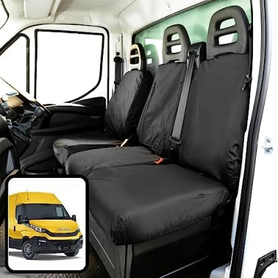 Image of Seat Covers for IveCo Daily 2014+ Tailored Fit Heavy Duty Waterproof Black Van Front Driver With Armrest &amp; Double Passenger and Central Work Tray 600 Denier Polyester