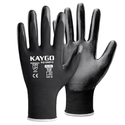 Image of KAYGO Safety Work Gloves Nitrile Coated, Good Grip and Dexterity, 12 Pairs General Purpose Durable Working for Men Women, Ideal Construction Warehouse Automotive DIY, KG12N (Black, XL)