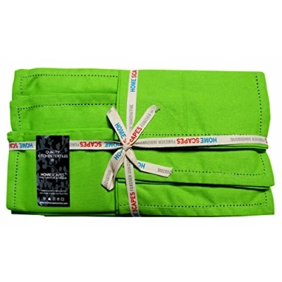Image of HOMESCAPES 4 Placemats 1 Table Runner and Napkins Set Lime Green 100% Cotton Hand Woven Easy Care Washable at 40 Deg C