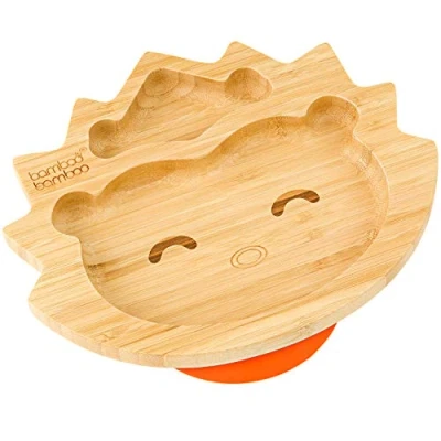 Image of Bamboo Baby Plate and Toddler Plate, Suction for Feeding Weaning, Hedgehog with Secure Suction, Plates Babies from 6 Months (Hedgehog, Orange)