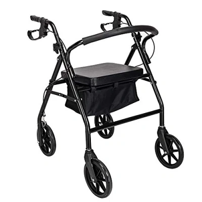 Image of Lightweight Folding Four Wheel Rollator, Mobility Walker with Padded Seat, Lockable Brakes and Carry Bag, Limited Aid, for Elderly or Disabled (Black)