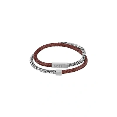 Image of BOSS Jewelry Men&#039;s BLENDED Collection Leather &amp; Steel Bracelet Brown 1580149S