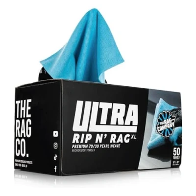 Image of The Rag Company Ultra Rip N&#039; XL Premium Reusable Pearl Weave Microfiber Towels for Coatings, Glass, Detailing, Home, RV and More 50 Count Quality 70/30 Blend 280gsm 16&quot; x Blue