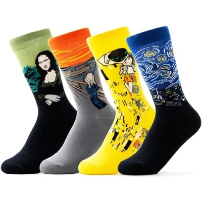 Image of Art Teacher Gift Present 4 Pairs Novelty Artist Socks Funny Christmas Secret Santa Famous Paintings Cotton Fun Joke Stocking Filler