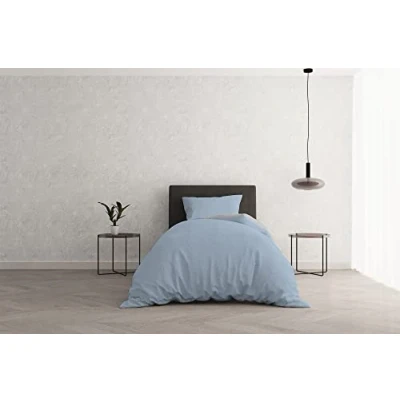 Image of Italian Bed Linen Duvet Cover Set “Natural Doubleface Solid Colour Bag Sheet and Pillowcase, Light Blue/Light Gray, Single