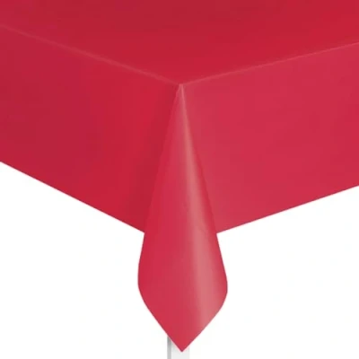 Image of Unique UK Solid Ruby Red Short Fold Rectangular Plastic Table Cover (137cm x 274cm) 1 Count Elegant &amp; Durable Tablecloth for Parties, Events, and Home Use