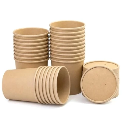 Image of BUOKKON 16 oz 25 Pack Paper Cups, Brown Kraft Soup Disposable Cups Containers with Vented Lids, Bowls Takeaway Tubs for Ice Cream Dessert