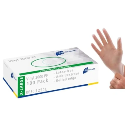Image of Examination Gloves Medium, Powderless, Hypoallergenic, Heavy Duty, Latex Free, Long Cuff, Ambidextrous, Disposable, for Any Sector, Bulk Buy (Clear) (X Large) Meditrade Vinyl 2000 PF