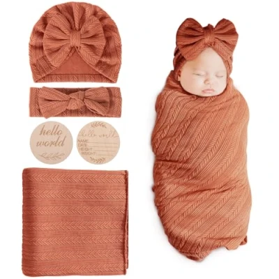 Image of DRESHOW Newborn Baby Blanket Soft Swaddle Blankets for Infant Swaddling Receiving Warm Wraps with Bow Hat Headband