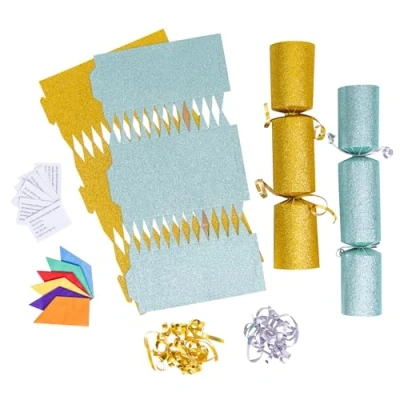 Image of evelay 12 Make Your Own Christmas Cracker Kit DIY Light Green &amp; Gold Glitter Crackers Hats Snaps Jokes (Light Green, Gold)