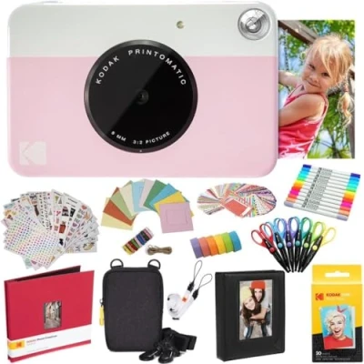 Image of KODAK Printomatic Instant Camera (Pink) All In Bundle + Zink Paper (20 Sheets) Case Photo Album 7 Sticker Sets Markers Scissors
