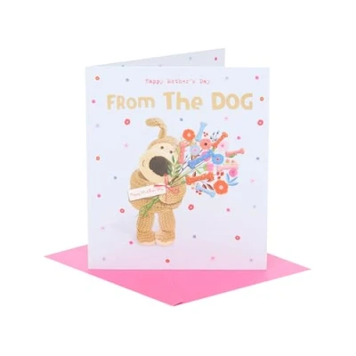 Image of Boofle Mother&#039;s Day Card From Dog Holding A Bunch Of Flowers And Bones