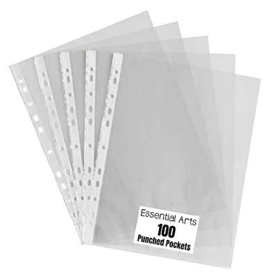 Image of A4 Clear Punched Pockets Pack of 100 for Ring Binders and Lever Arch Files by Essential Arts