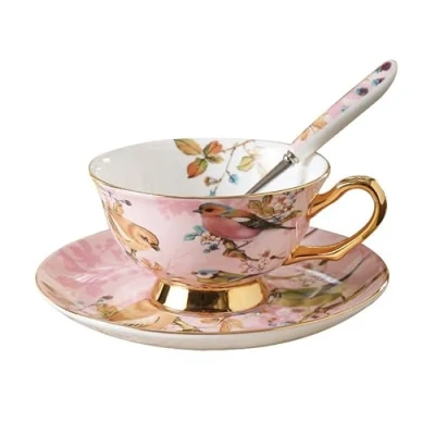 Image of Pfedxoon Bone China Tea Cup with Saucer Spoon 3 Piece Set（240ml） Cappuccino Cups, Set, British Coffee Porcelain Latte Mother&#039;s Day Gift (Pink Bird)