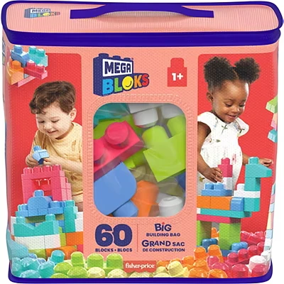 Image of MEGA BLOKS big building Bag set with 60 and colorful blocks, 1 storage bag, toy gift for ages up, DCH54