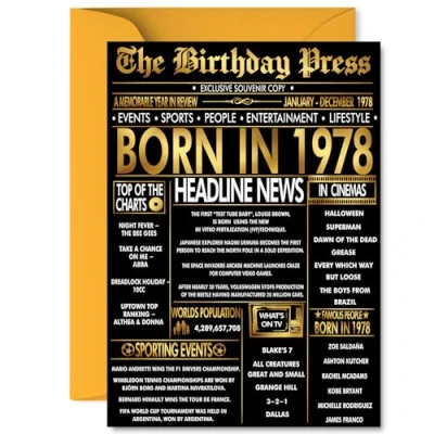 Image of Gold 47th Birthday Card for Men Women Black &amp; Golden Newspaper Born in 1978 Happy 47 Cards Neighbour Colleague Friend Daughter Uncle Sister, A5 Bday Greeting
