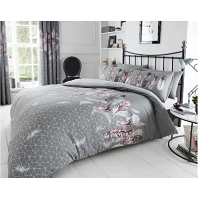 Image of FAIRWAYUK Feathers Grey Duvet Cover Set Double, Reversible Quilt Bedding With Pillowcase, Ultra Soft, Easy Care
