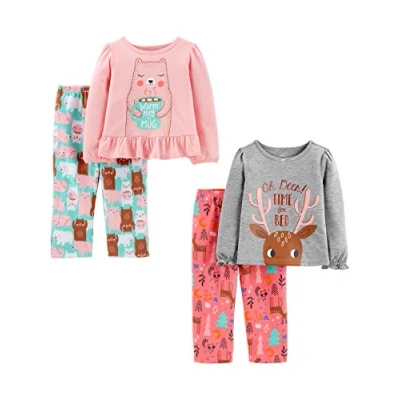 Image of Simple Joys by Carter&#039;s Toddler Girls&#039; 4 Piece Pyjama Set (Cotton Top &amp; Fleece Bottom), Grey Reindeer Print/Light Pink Bear/Mint Green/Pink, 5 Years