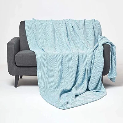 Image of HOMESCAPES Teal Blue Throw 100% Cotton 255 x 360 cm Cosy for Sofa or Bed “Halden Chevron Blanket Herringbone Geometric Pattern Bedspread