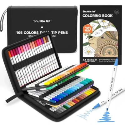 Image of Shuttle Art Dual Tip Brush Pens, 105 Colours Fine and Markers Set with Portable Case &amp; 1 Colouring Book, Felt Pens for Adults Kids Calligraphy Journal Doodling