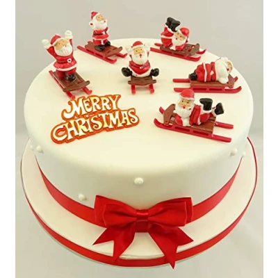 Image of 6 Fun Father Christmas on a Sleigh Merry Motto Red Ribbon &amp; Bow Set