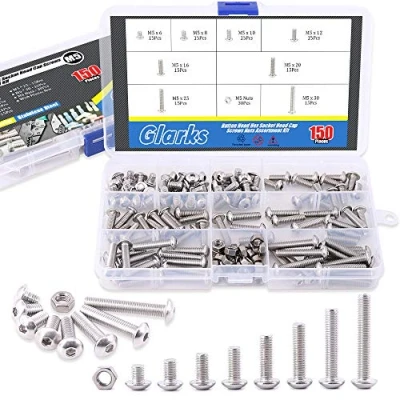 Image of Glarks 150Pcs M5 Stainless Steel Button Head Hex Socket Cap Bolts Screws Nuts Assortment Kit