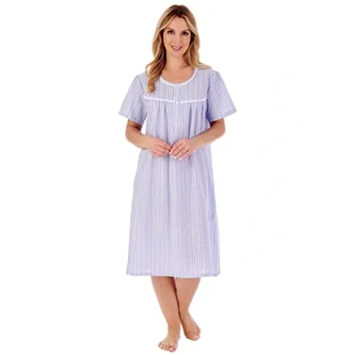 Image of Slenderella Seersucker Short Sleeve Buttoned Top 42 inch Nightdress (24/26, Blue)