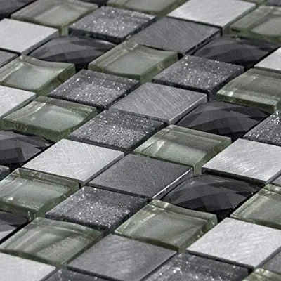 Image of Luxury Grey, Silver &amp; Ivory Glass Brushed Steel Mosaic Wall Tile Sheet 8mm